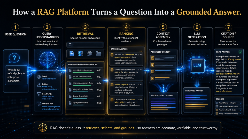 End-to-end RAG workflow from user question through retrieval, grounding, generation and citation