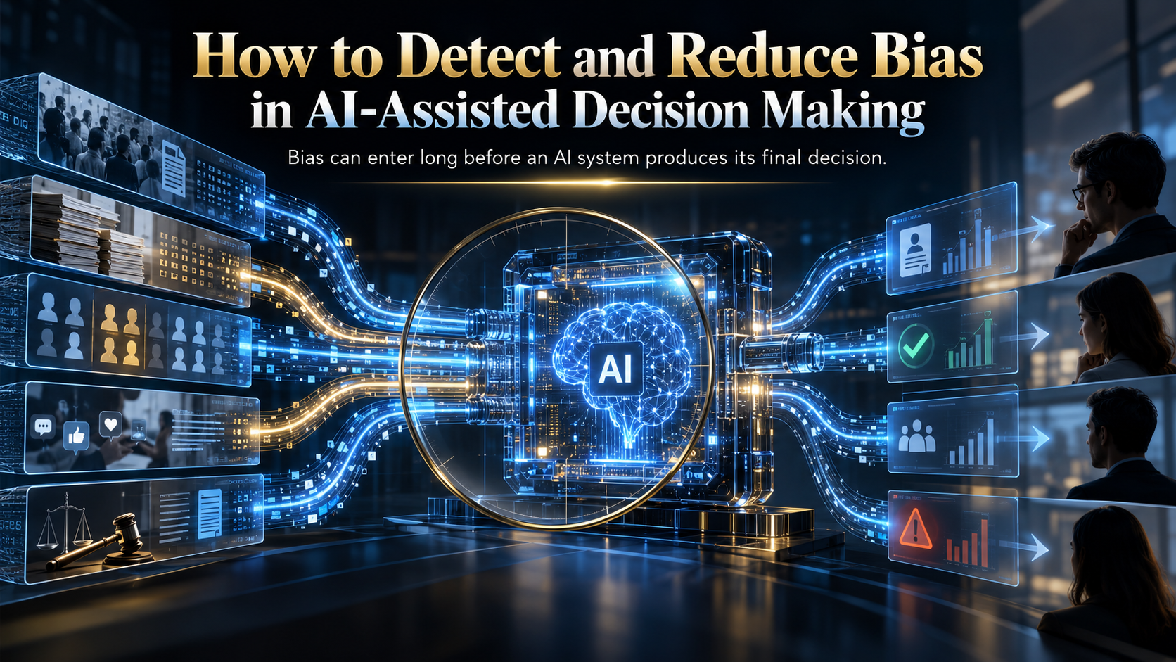 AI decision system showing how bias can enter data, models and human decision-making. How to Detect and Reduce Bias in AI
