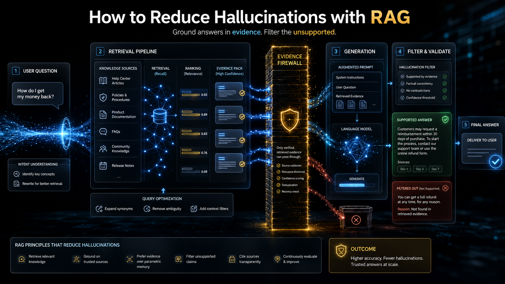 RAG hallucination reduction workflow showing evidence retrieval, grounding and verification before AI generates an answer. How to Reduce Hallucinations with RAG