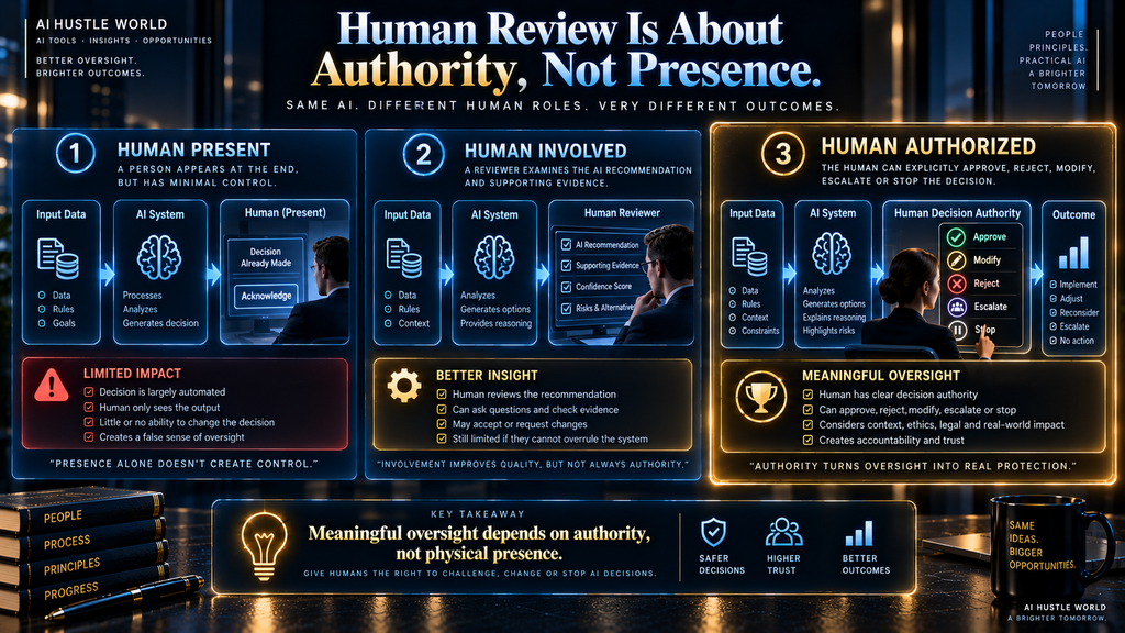 Comparison showing why meaningful human oversight requires decision authority rather than simply placing a person in an AI workflow.