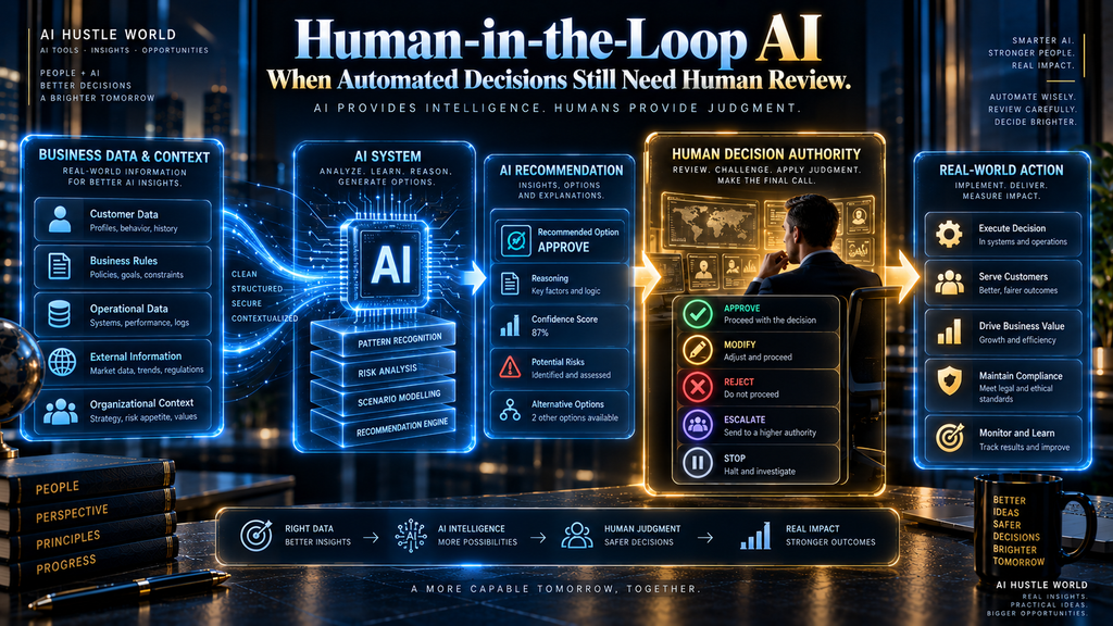 Human-in-the-loop AI showing an AI recommendation passing through human review before a consequential decision.