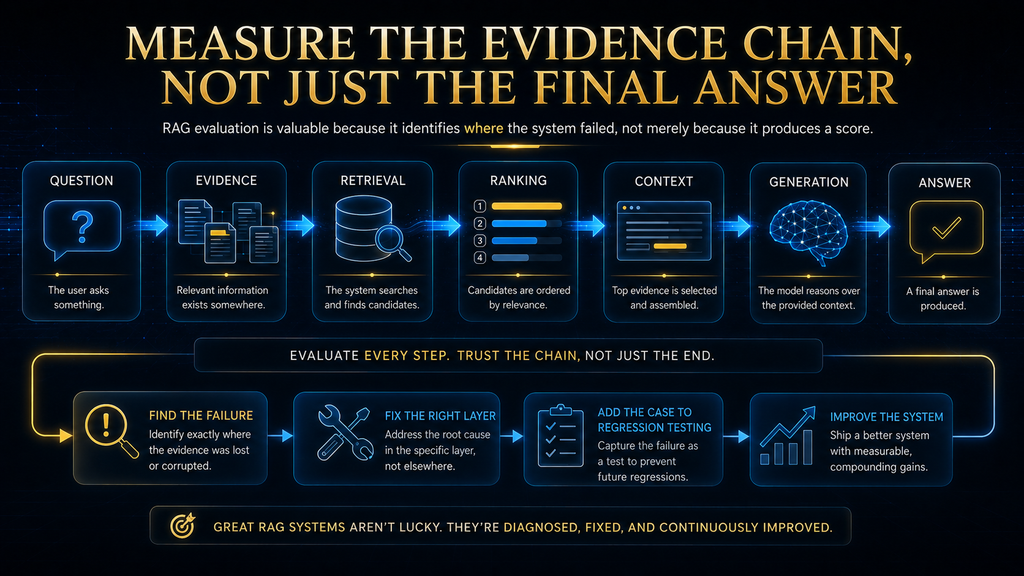 RAG evaluation evidence chain from user question through retrieval ranking context generation and final answer