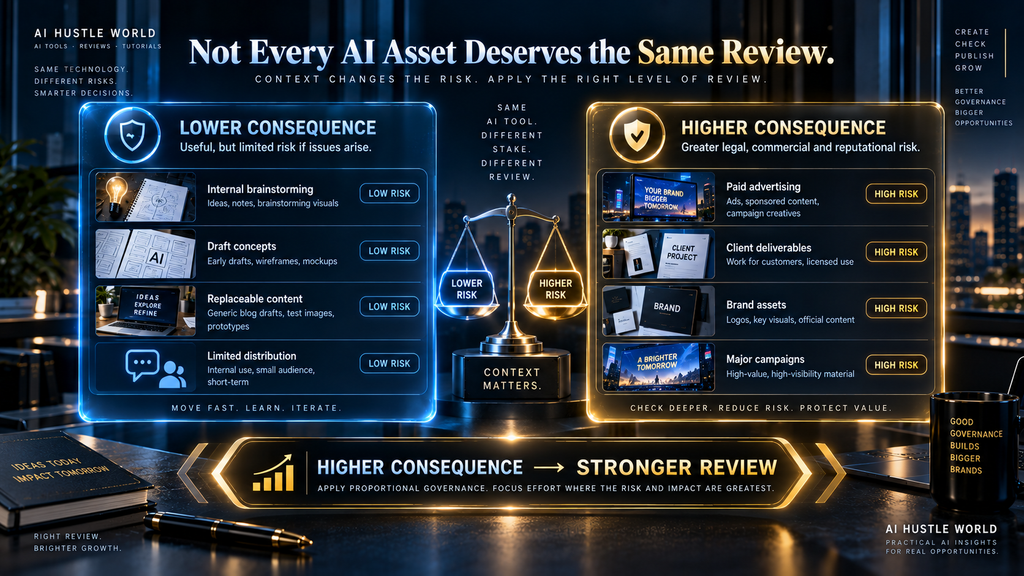 Comparison showing stronger AI copyright review for higher-consequence commercial content