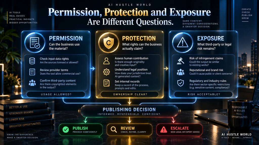 AI copyright framework separating permission, copyright protection and publishing exposure