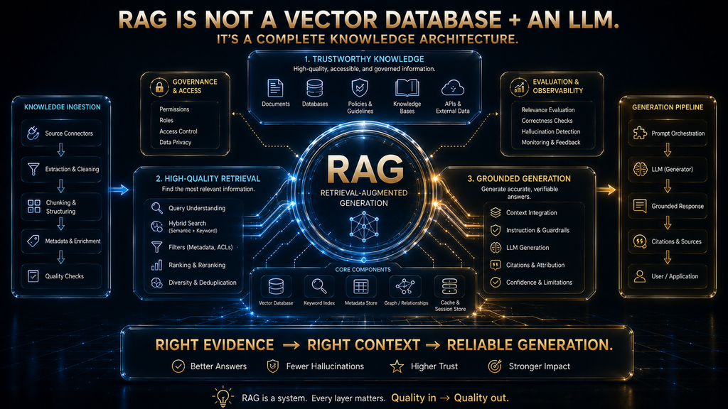 Final RAG takeaway showing knowledge, retrieval, context and generation as one architecture