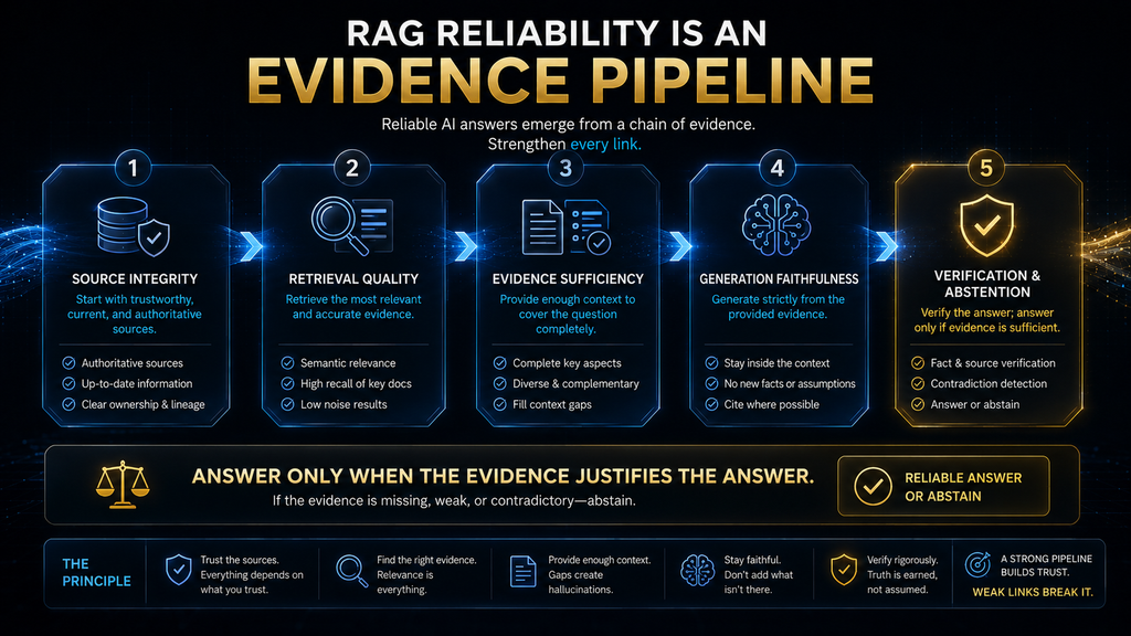 Five-layer RAG reliability framework showing why trustworthy answers depend on an evidence pipeline