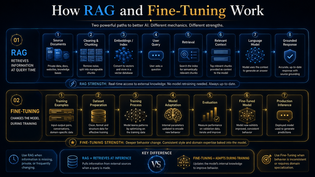 Side-by-side RAG retrieval workflow and fine-tuning training workflow
