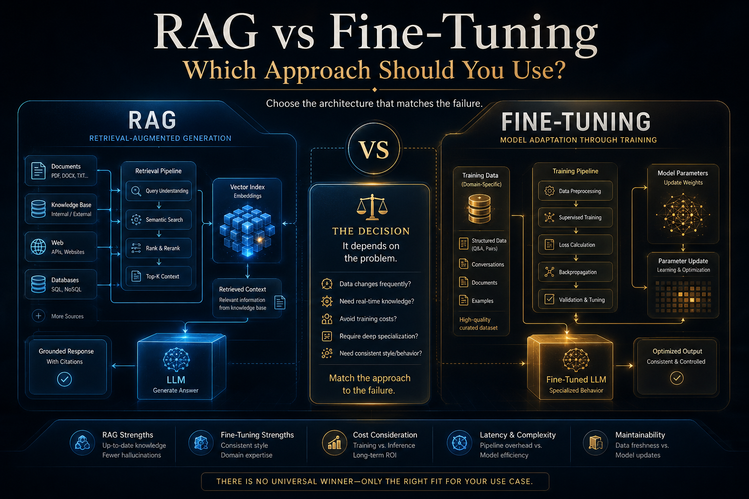 RAG vs fine-tuning comparison showing external knowledge retrieval versus model behavior adaptation