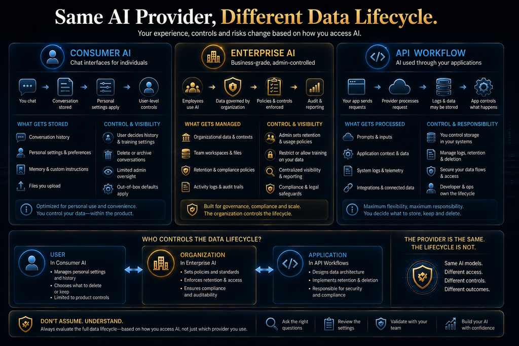 Comparison of consumer, enterprise and API AI data retention and control models