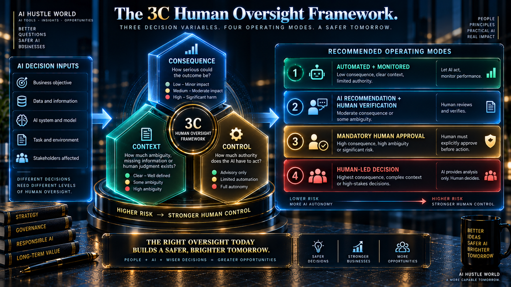 AI Hustle World 3C framework showing how consequence, context and AI control determine the appropriate level of human oversight.