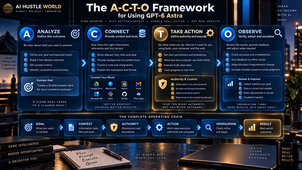 AI Hustle World's A-C-T-O framework for using GPT-6 Astra with context, authority, action and verification