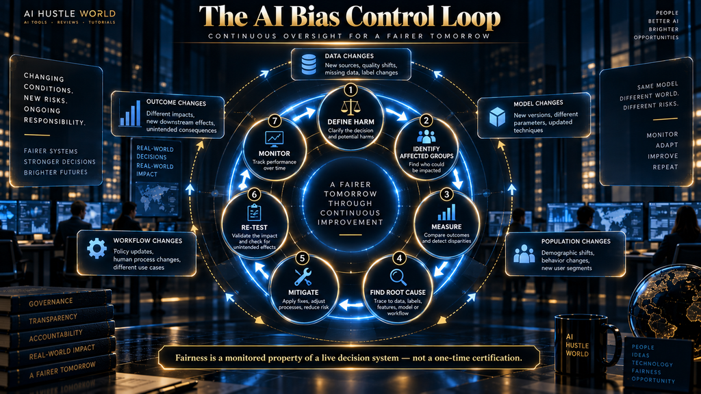 Continuous AI bias control loop showing how organizations measure, mitigate and monitor AI fairness