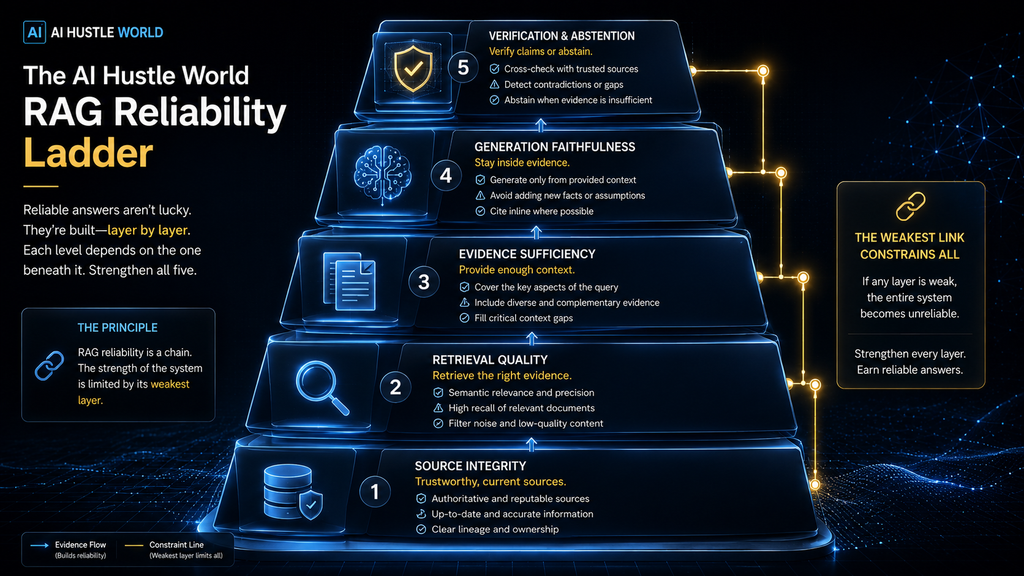 AI Hustle World RAG Reliability Ladder showing five layers for reducing hallucinations