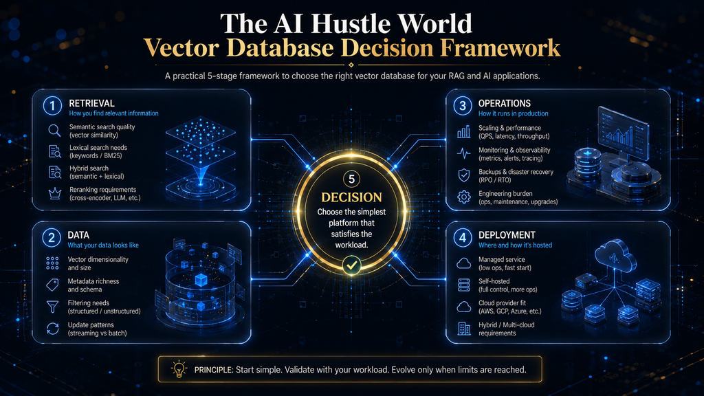 AI Hustle World framework for choosing a vector database based on retrieval, data, operations and deployment