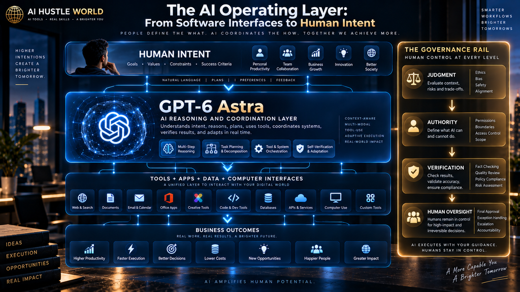 Future AI operating layer connecting human intent with software, tools, data and business outcomes