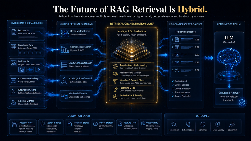 Hybrid RAG retrieval combining vector, lexical, metadata and reranking signals