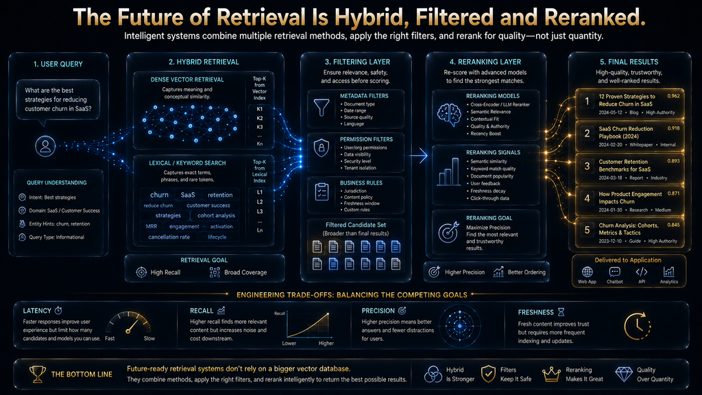 Advanced vector retrieval architecture combining dense vectors, keyword search, metadata filtering and reranking.