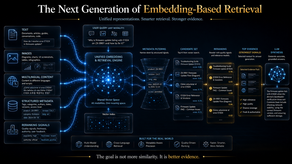 Advanced embedding retrieval connecting text, images, multilingual content, metadata and reranking