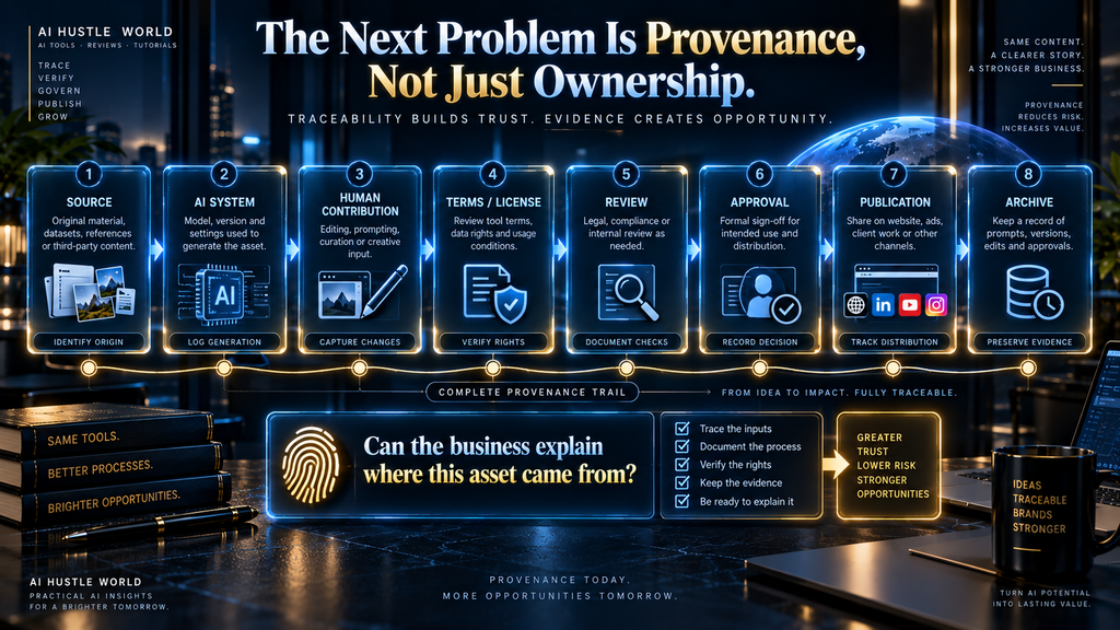 AI content provenance chain from source and generation through human contribution, review and publication