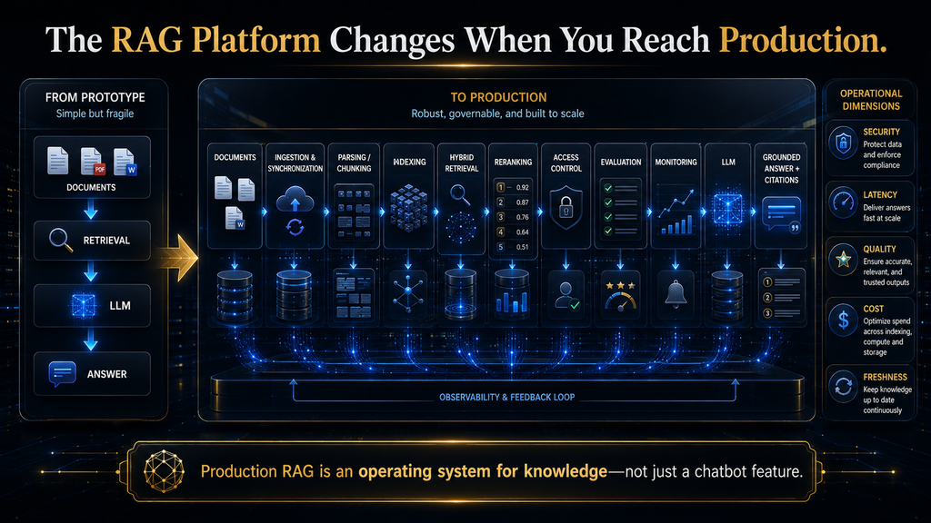 Production RAG architecture showing retrieval, security, evaluation, monitoring, cost and knowledge freshness