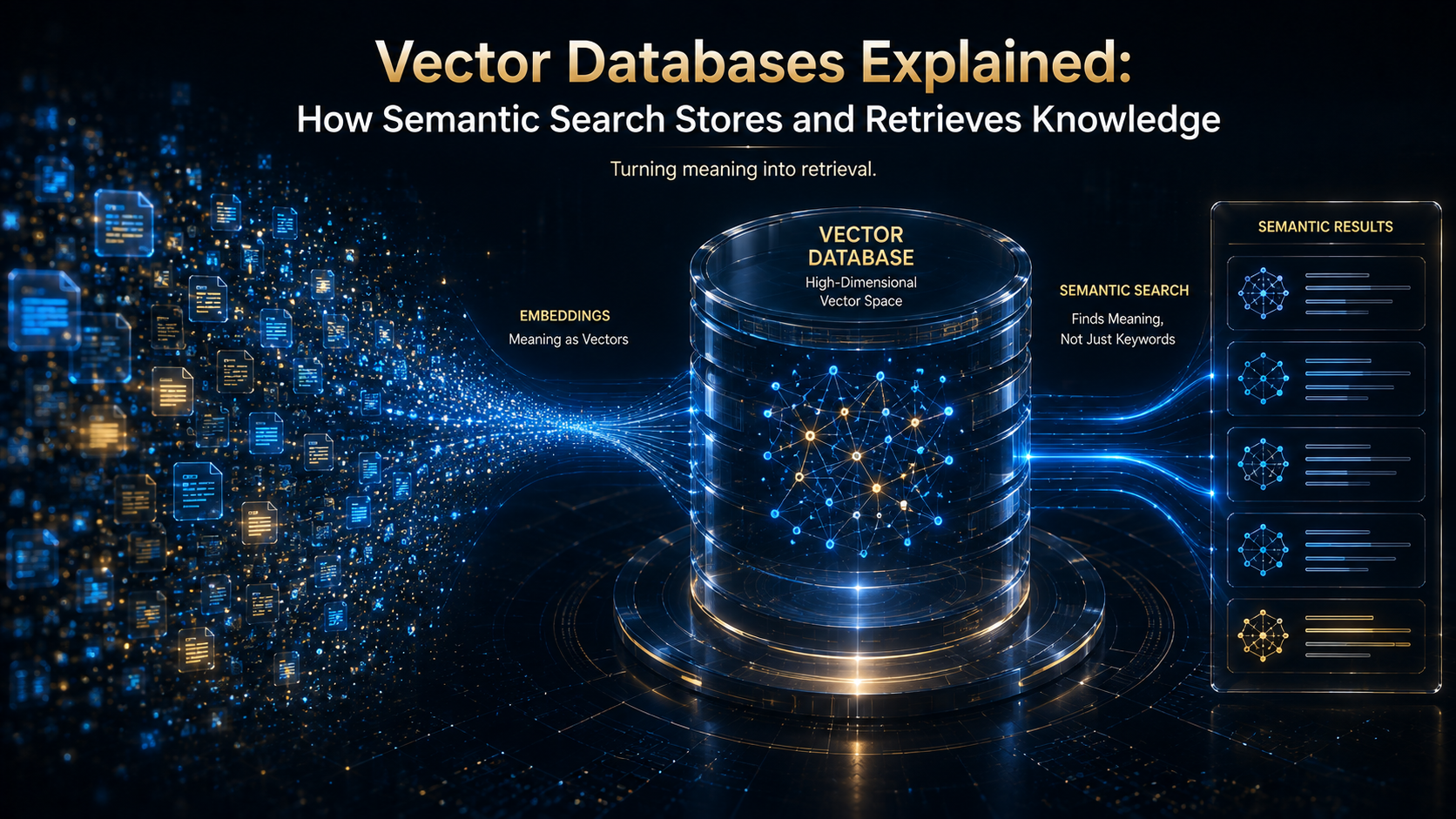 Conceptual illustration of a vector databases connecting AI embeddings to semantic search results.