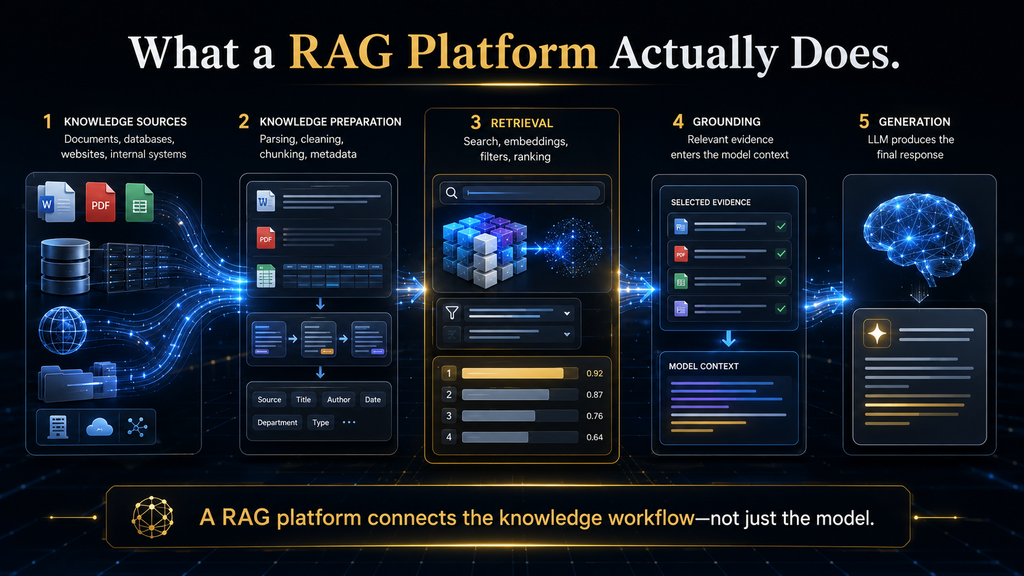 RAG platform architecture connecting knowledge sources, retrieval, grounding and AI generation