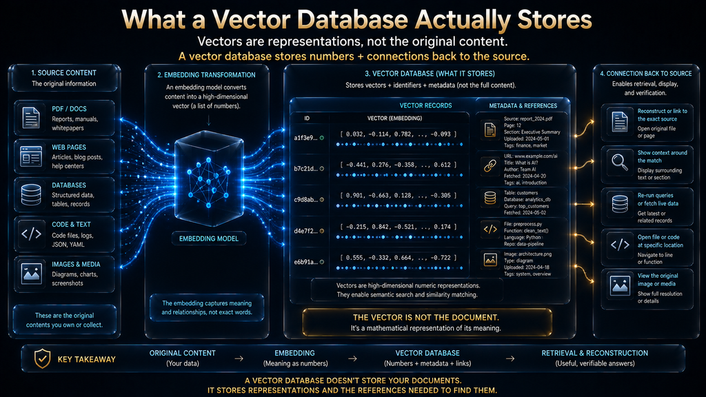 Diagram showing documents converted into embeddings and stored with identifiers and metadata for semantic retrieval.