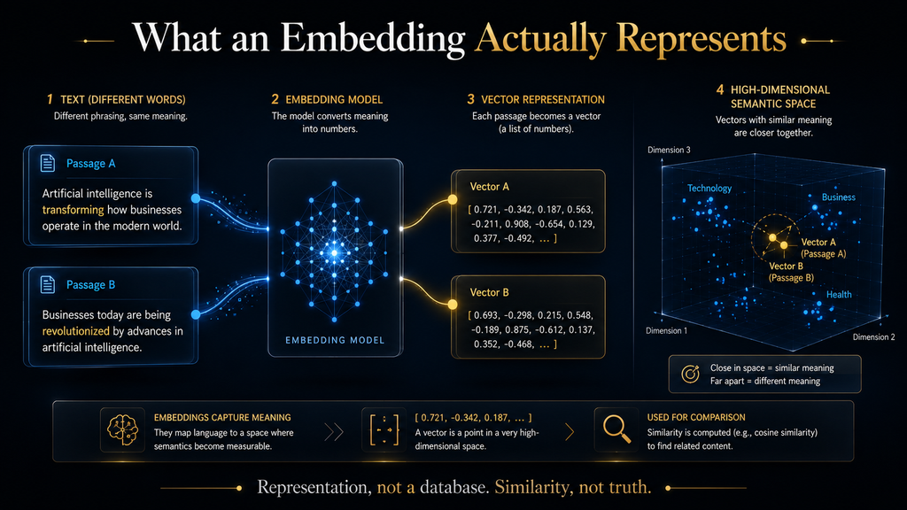 Diagram showing text represented as a numerical embedding vector in semantic space