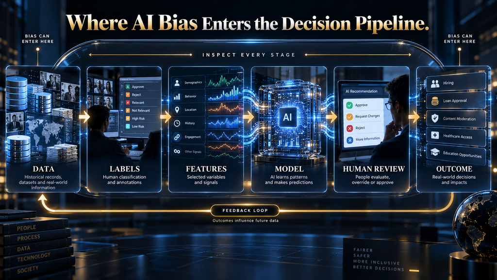 AI bias pipeline showing how bias can enter data, labels, features, models, human review and outcomes
