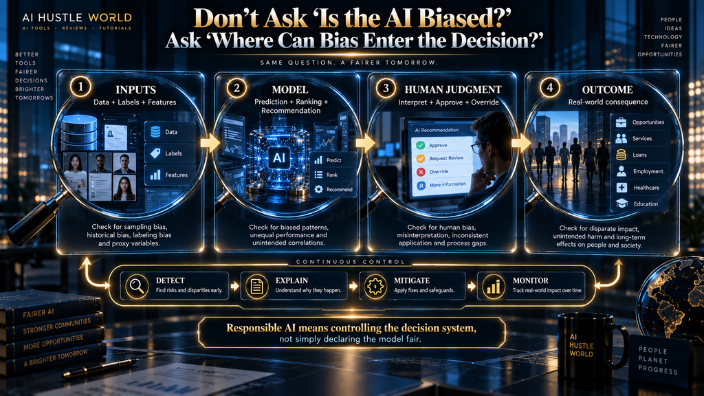 AI bias takeaway showing inputs, model, human judgment and outcomes with continuous controls