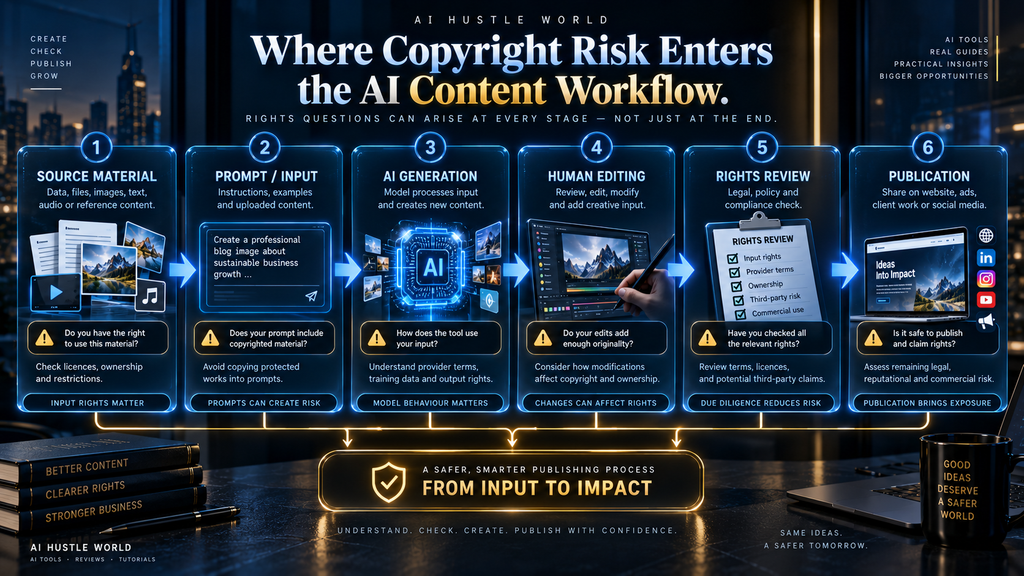 AI content workflow showing copyright checks from source material through publication