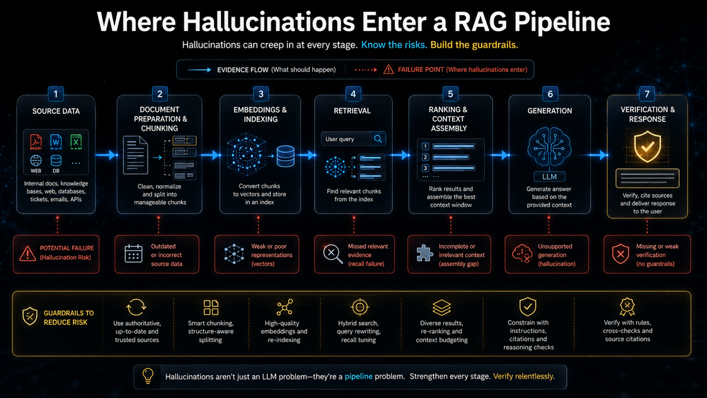 RAG pipeline showing seven stages where hallucination and grounding failures can occur