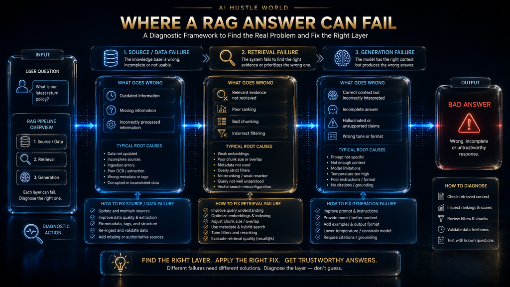 RAG failure framework showing source, retrieval and generation failure points