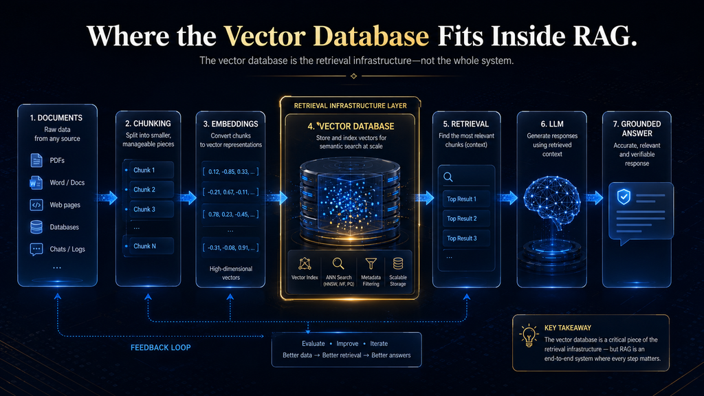 RAG pipeline showing where vector databases fit between embeddings and retrieval