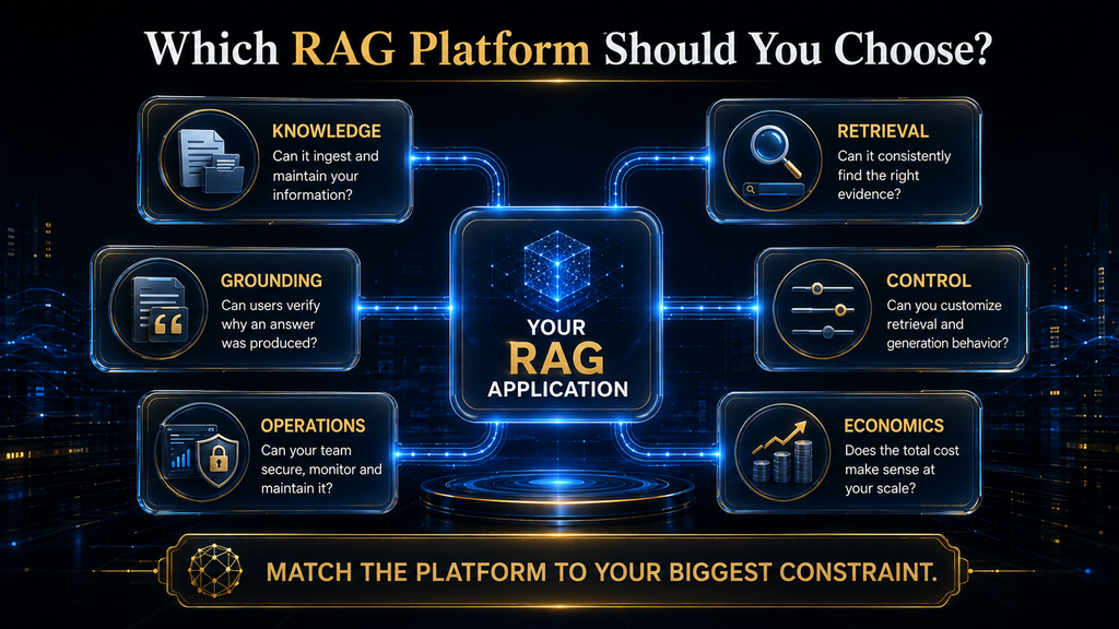 AI Hustle World six-part framework for choosing a RAG platform