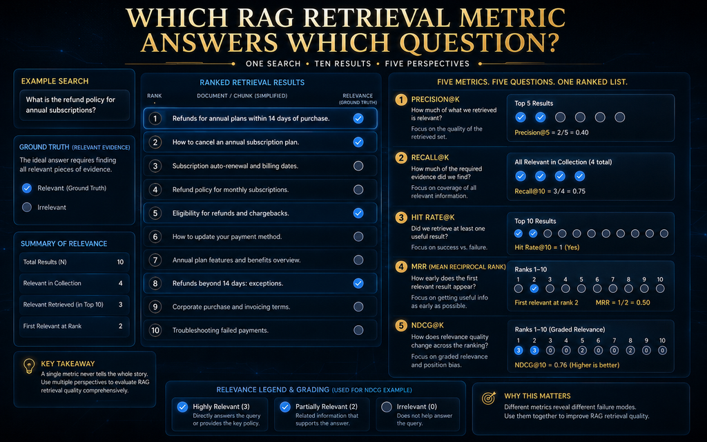 RAG retrieval metrics comparison showing precision, recall, hit rate, MRR and NDCG