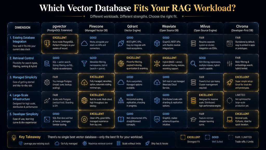 Vector database comparison matrix for pgvector, Pinecone, Qdrant, Weaviate, Milvus and Chroma