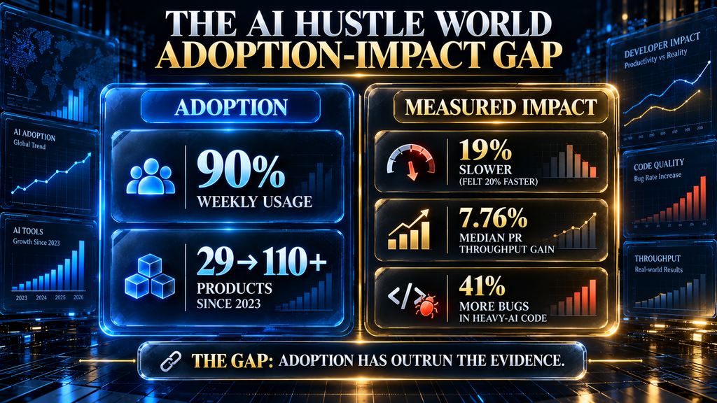 The AI Hustle World Adoption-Impact Gap — sourced synthesis of AI coding assistant adoption data against measured productivity research