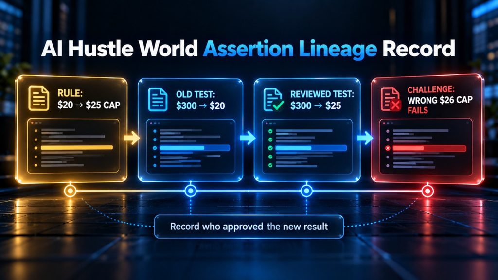AI Hustle World Assertion Lineage Record linking a changed product rule to old and new test assertions and a wrong-cap check.