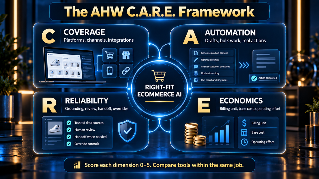 AI Hustle World C.A.R.E. framework for comparing ecommerce AI tools by coverage, automation, reliability and economics.