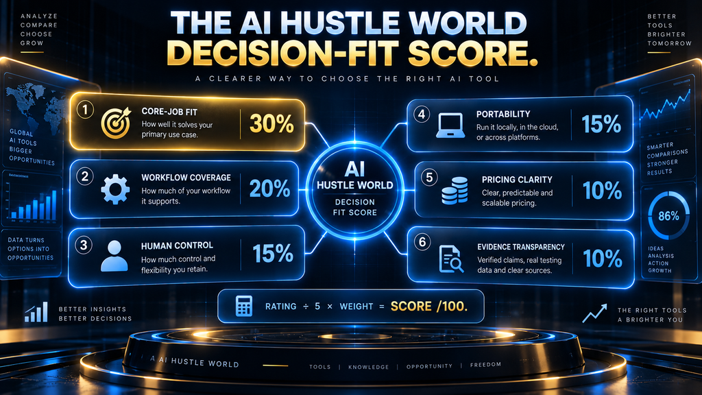 The AI Hustle World Decision-Fit Score framework — six weighted dimensions scoring local AI tools