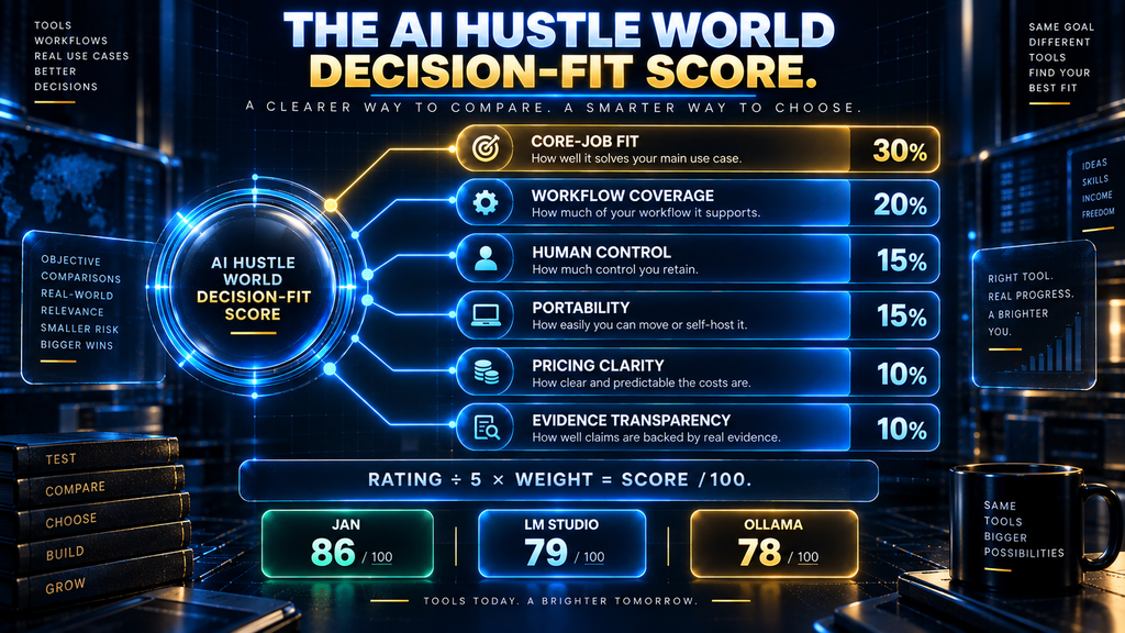 The AI Hustle World Decision-Fit Score framework, recomputed for Ollama, LM Studio, and Jan