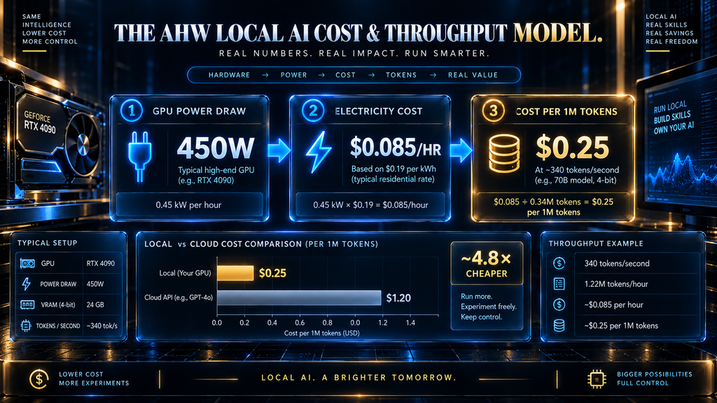 AHW Local AI Cost and Throughput Model — electricity cost per hour, per token, and by monthly usage volume