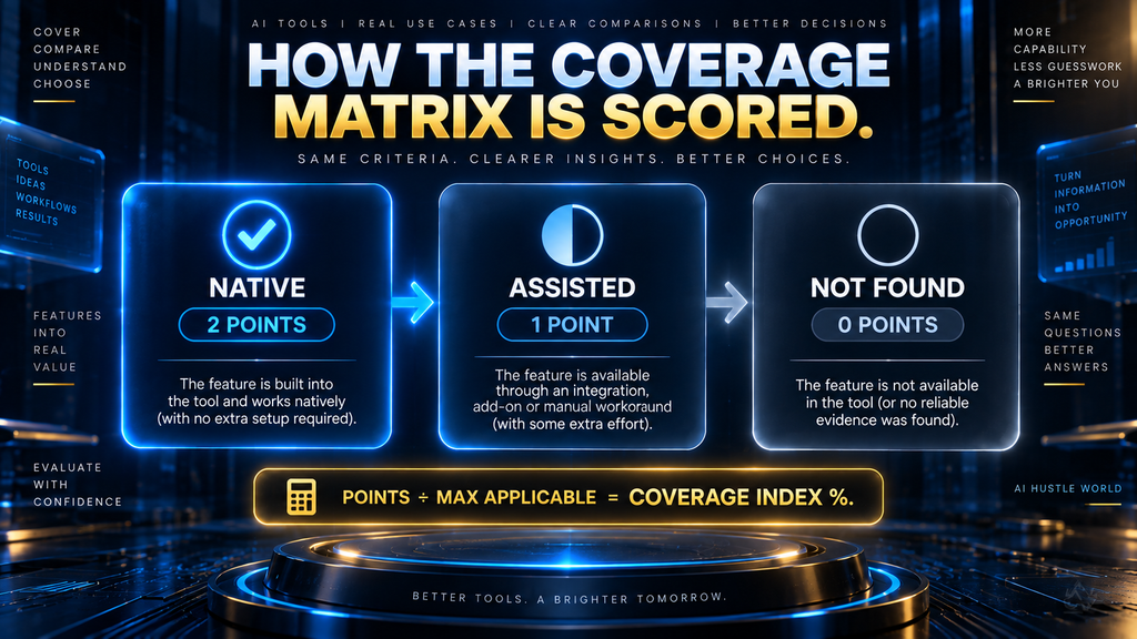 AI Hustle World Coverage Matrix scoring process — Native, Assisted, and Not Found capability coding