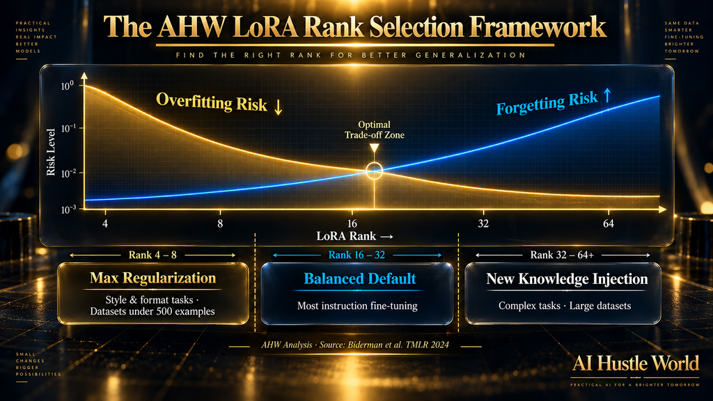 AHW original LoRA rank selection framework — gold and electric blue diagram showing trade-off between overfitting risk and forgetting risk across LoRA rank values