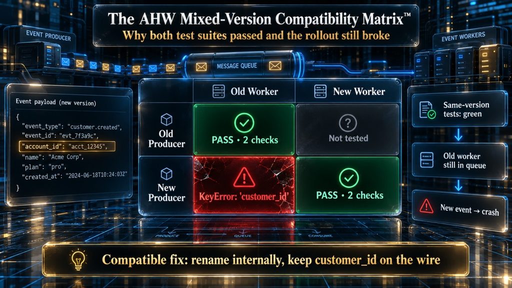 AI Hustle World mixed-version compatibility matrix showing an old worker failing with KeyError customer_id after a field rename