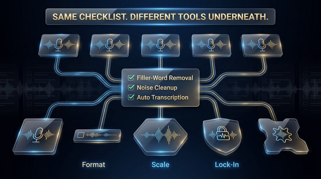 Every AI audio editor's feature checklist has converged on the same three capabilities 