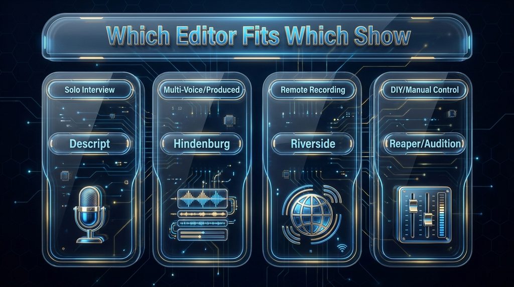 AI audio editors compared by format: solo interview, multi-voice, remote, and DIY 
