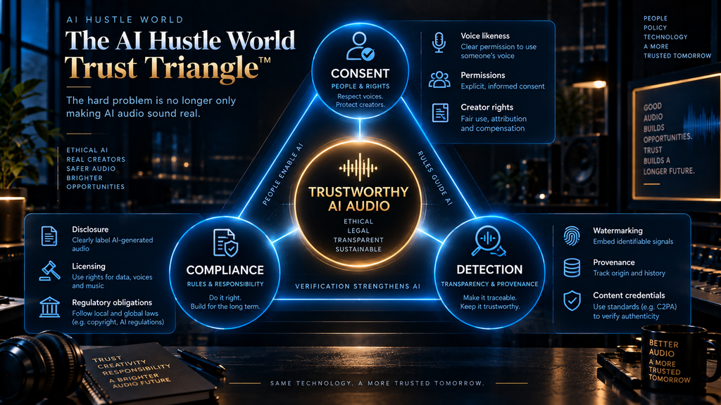 AI Hustle World Trust Triangle showing consent, compliance and detection in generative audio