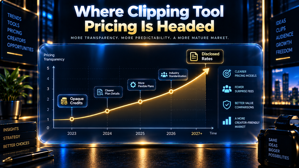 Future outlook graphic on pricing transparency trends among AI video clipping platforms